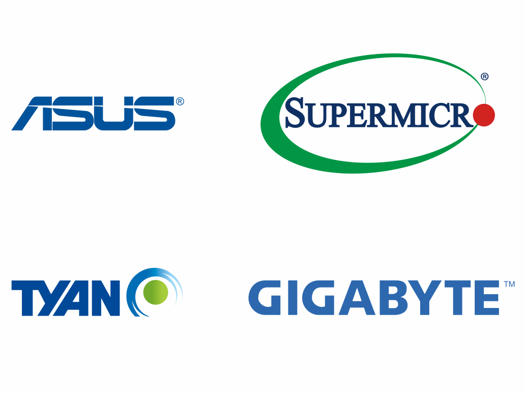 Logos of Asus, Supermicro, Tyano und Gigabyte